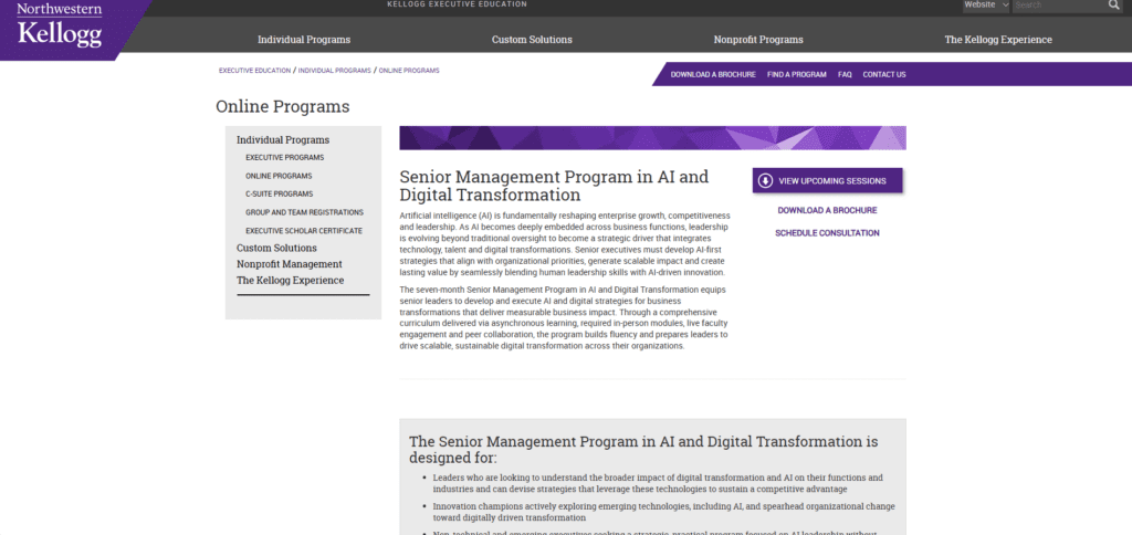 Kellogg School of Management (Northwestern University): Senior Management AI and Digital Transformation Program