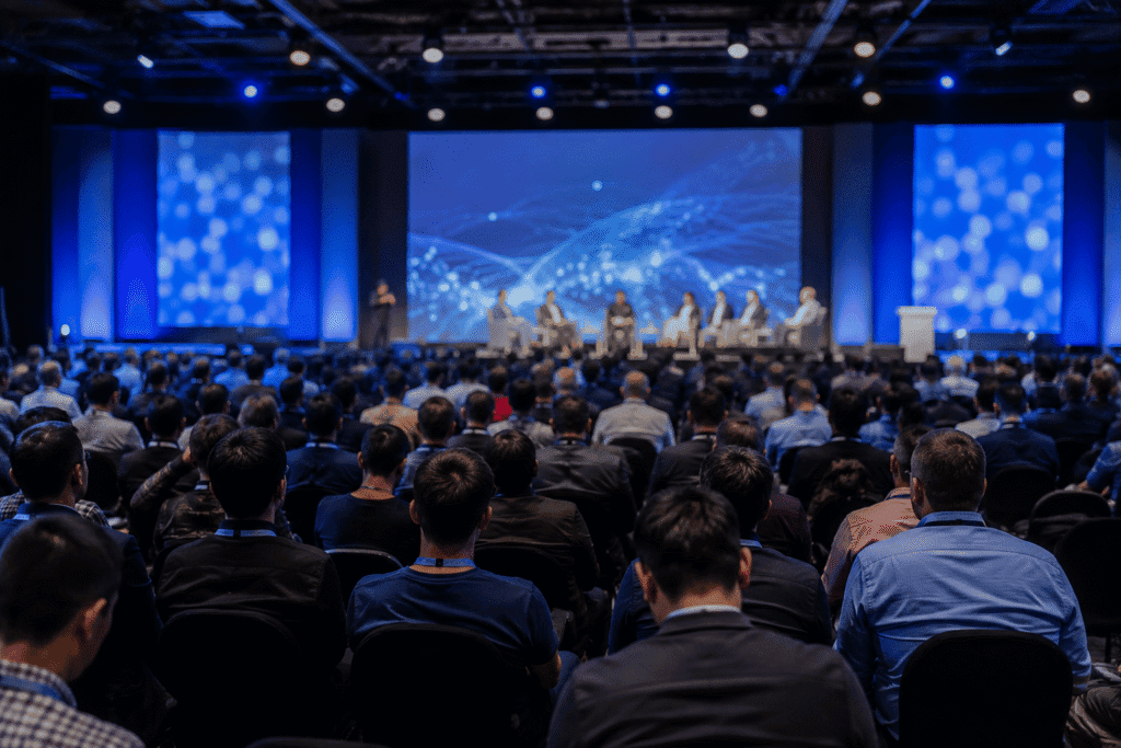 A large audience in a conference hall watches speakers on stage, with blue lighting and digital screens in the background.