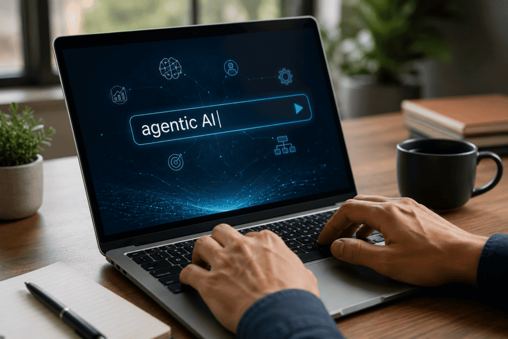 A laptop displays a search bar with "agentic AI," while hands are typing on the keyboard, set on a wooden table.