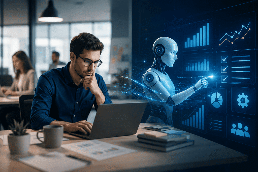 A man with glasses works on a laptop while a futuristic robot interacts with digital data graphs and charts.
