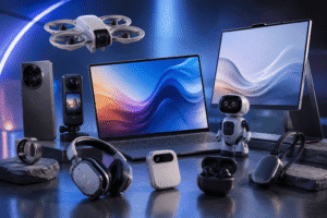 A collection of tech gadgets including a laptop, smartphone, drone, headphones, earbuds, and a small robot on a table.