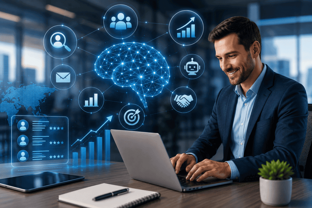 A businessman in a blue suit smiles while working on a laptop, surrounded by digital icons indicating data and connectivity.