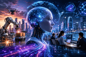 Futuristic cityscape with a robot head, drones, machinery, and people working on computers amidst data visualizations.