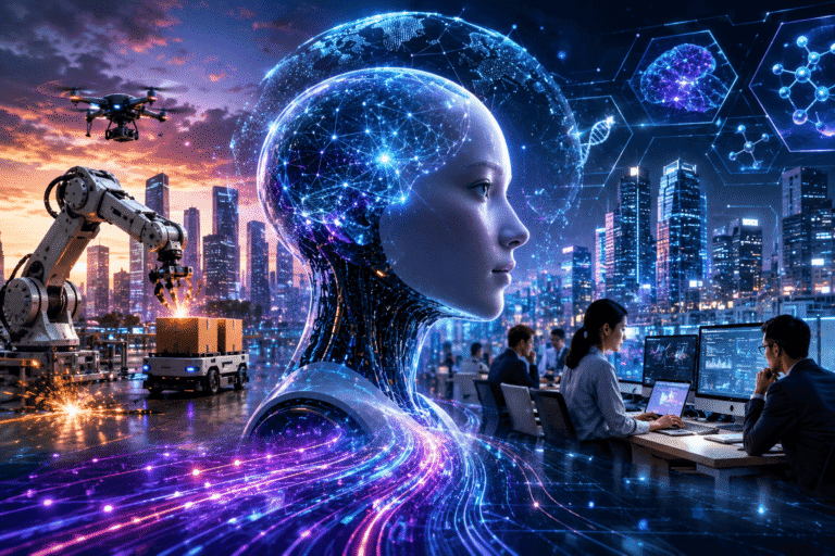 Futuristic cityscape with a robot head, drones, machinery, and people working on computers amidst data visualizations.