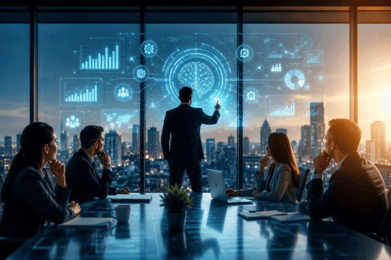 In a modern office, a man gestures toward a digital interface with graphs and icons, while four colleagues observe.