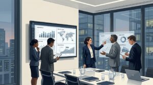 A business meeting in a modern conference room with charts displayed on screens, four professionals discussing data insights.