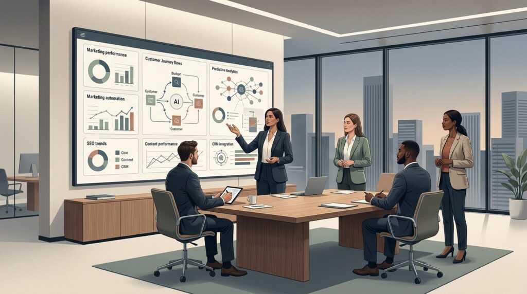 A business meeting with four professionals discussing data presentations on a large screen, in a modern office setting.