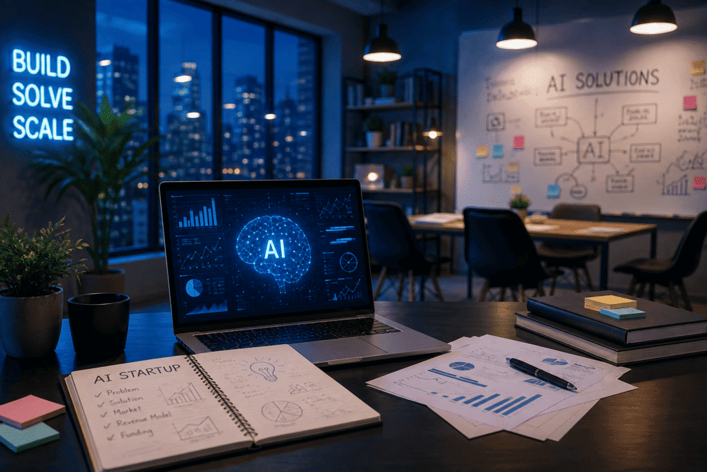 A laptop displaying AI analytics sits on a desk with sketches and charts, in a dimly lit office with city views.