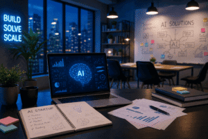 A laptop displaying AI analytics sits on a desk with sketches and charts, in a dimly lit office with city views.