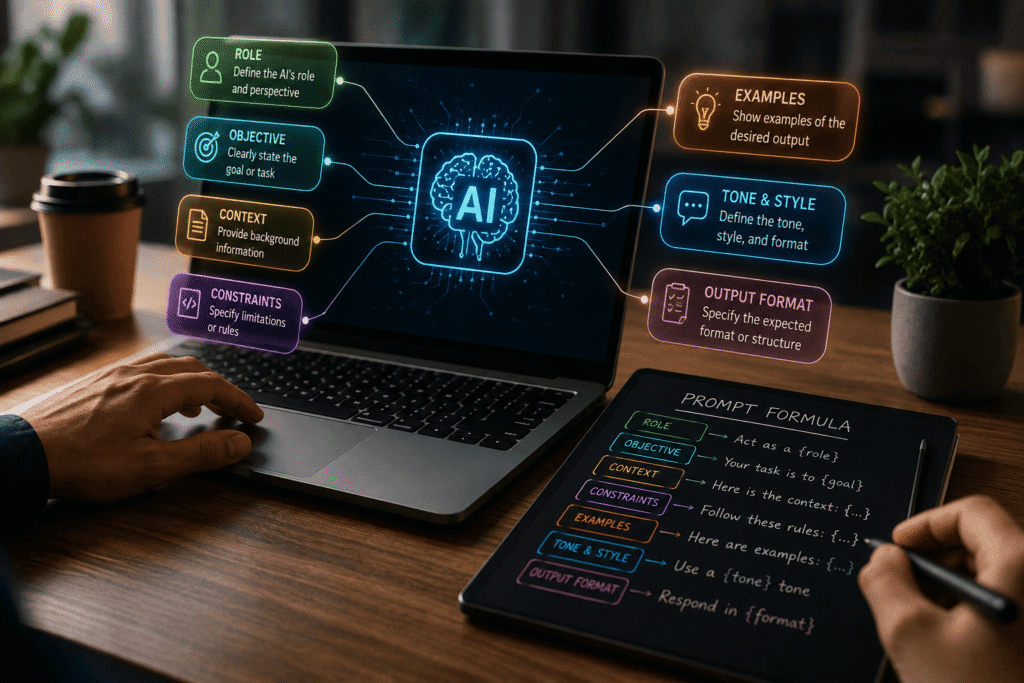 Laptop displaying AI prompt elements: Role, Objective, Context, Constraints, Tone & Style, and Output Format, next to handwri