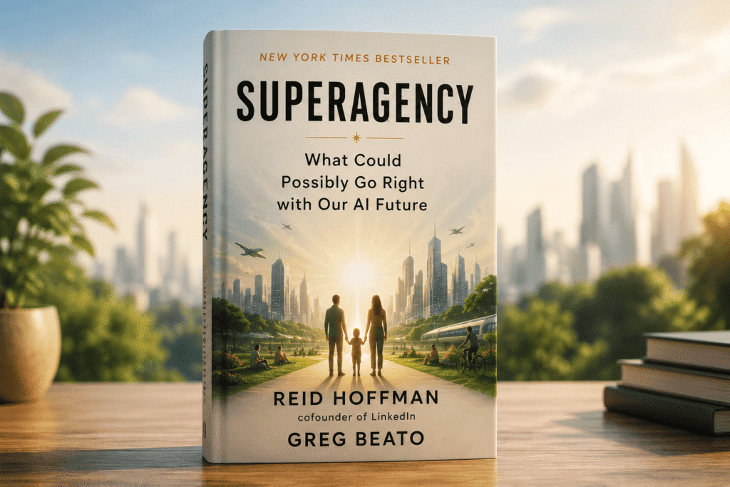 A book cover titled "Superagency" features a hopeful cityscape with a family walking, surrounded by greenery and futuristic e
