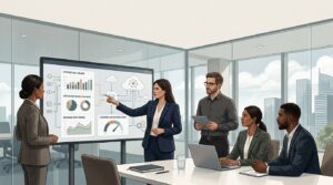 A business meeting with five professionals discussing data on a presentation screen in a modern office setting.