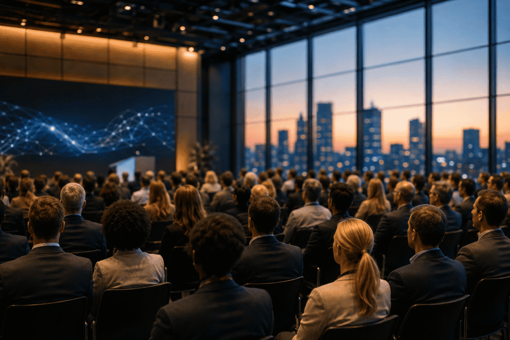 A crowd of professionals in suits attends a presentation with a city skyline and sunset visible through large windows.