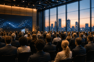 A crowd of professionals in suits attends a presentation with a city skyline and sunset visible through large windows.