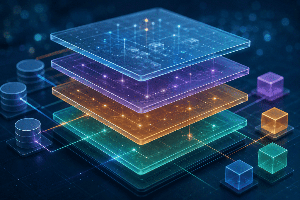 Four transparent, layered blocks with glowing edges, connected to databases and cubes through colorful lines in a digital the