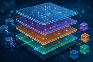 Four transparent, layered blocks with glowing edges, connected to databases and cubes through colorful lines in a digital the