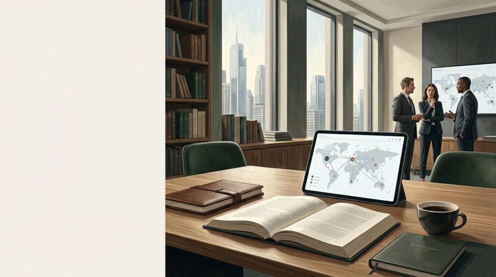 A modern office with a tablet displaying a world map, an open book, coffee cup, and three professionals engaged in discussion