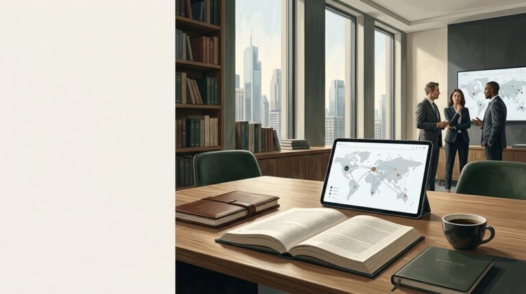 A modern office with a tablet displaying a world map, an open book, coffee cup, and three professionals engaged in discussion
