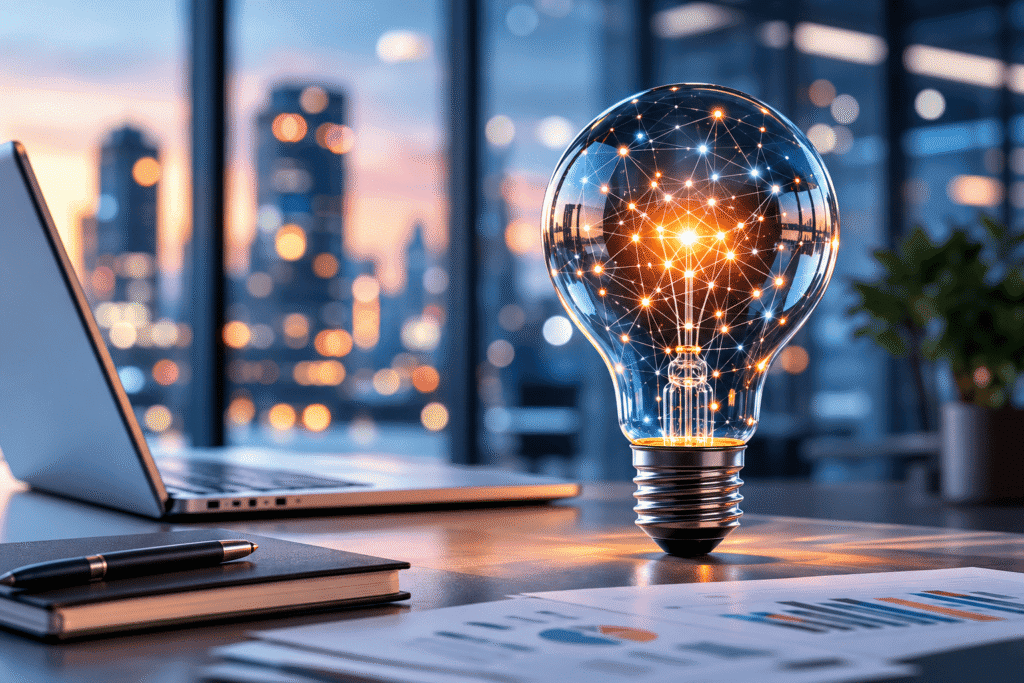 A glowing light bulb with intricate network patterns sits on a desk near a laptop, overlooking a city skyline at sunset.