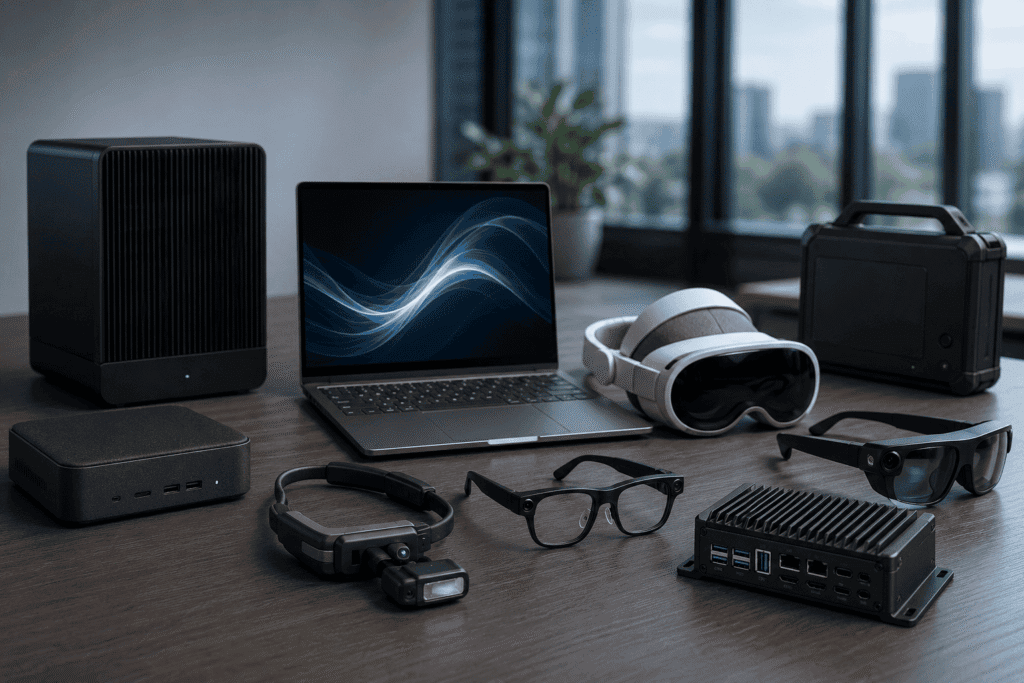 A laptop and various tech devices, including VR headset, smart glasses, and compact computers, arranged on a table.