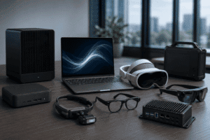 A laptop and various tech devices, including VR headset, smart glasses, and compact computers, arranged on a table.