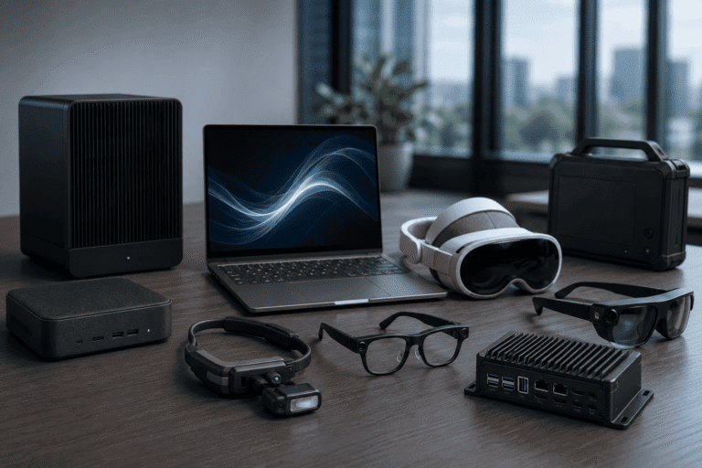 A laptop and various tech devices, including VR headset, smart glasses, and compact computers, arranged on a table.