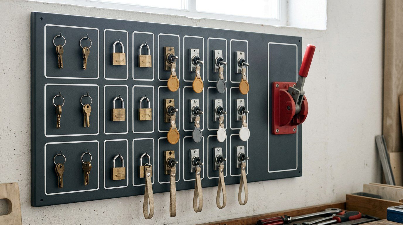 A wall-mounted industrial control board holds individually arranged keys, padlocks and cutoff switches, with one prominent emergency disconnect lever.