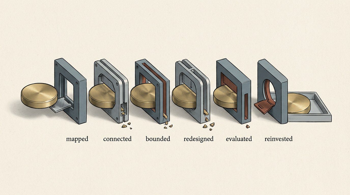 An illustrated brass token representing an hour moves through six connected gates, with portions diverted through gaps and trapdoors before the final stage.