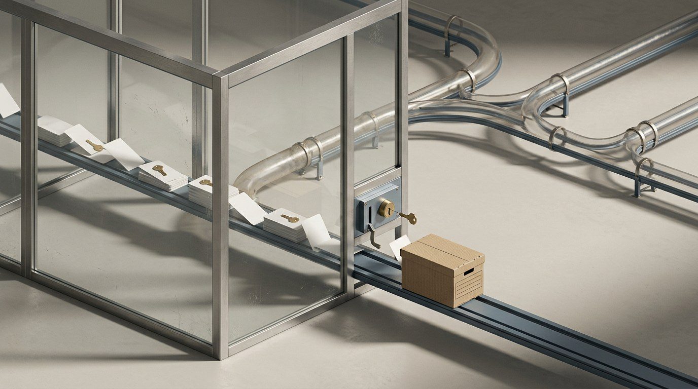 Cutaway illustration of a sealed glass room connected by a service conduit to an external workspace, with file boxes and keys moving through the conduit.