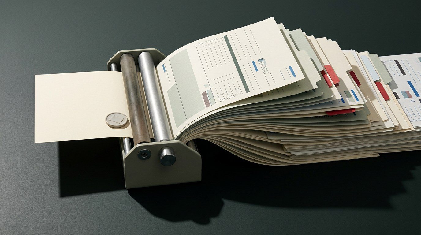 A tabletop machine takes in a single simple medical form on one side and feeds out a growing stack of coded billing slips on the other, beside a small patient payment token.