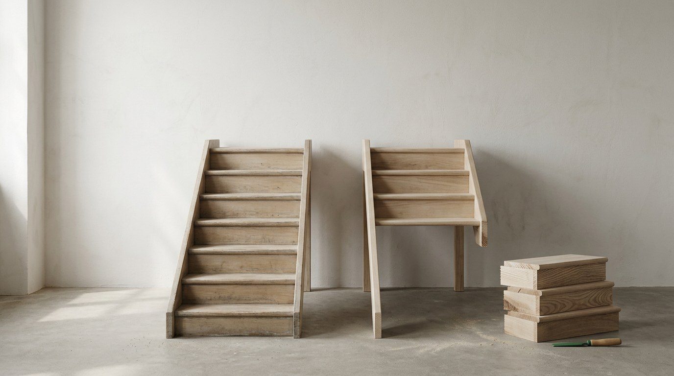 Two staircases stand side by side in a workshop-like studio; one has a continuous series of worn steps, while the other has its lower steps removed beneath an intact upper landing.