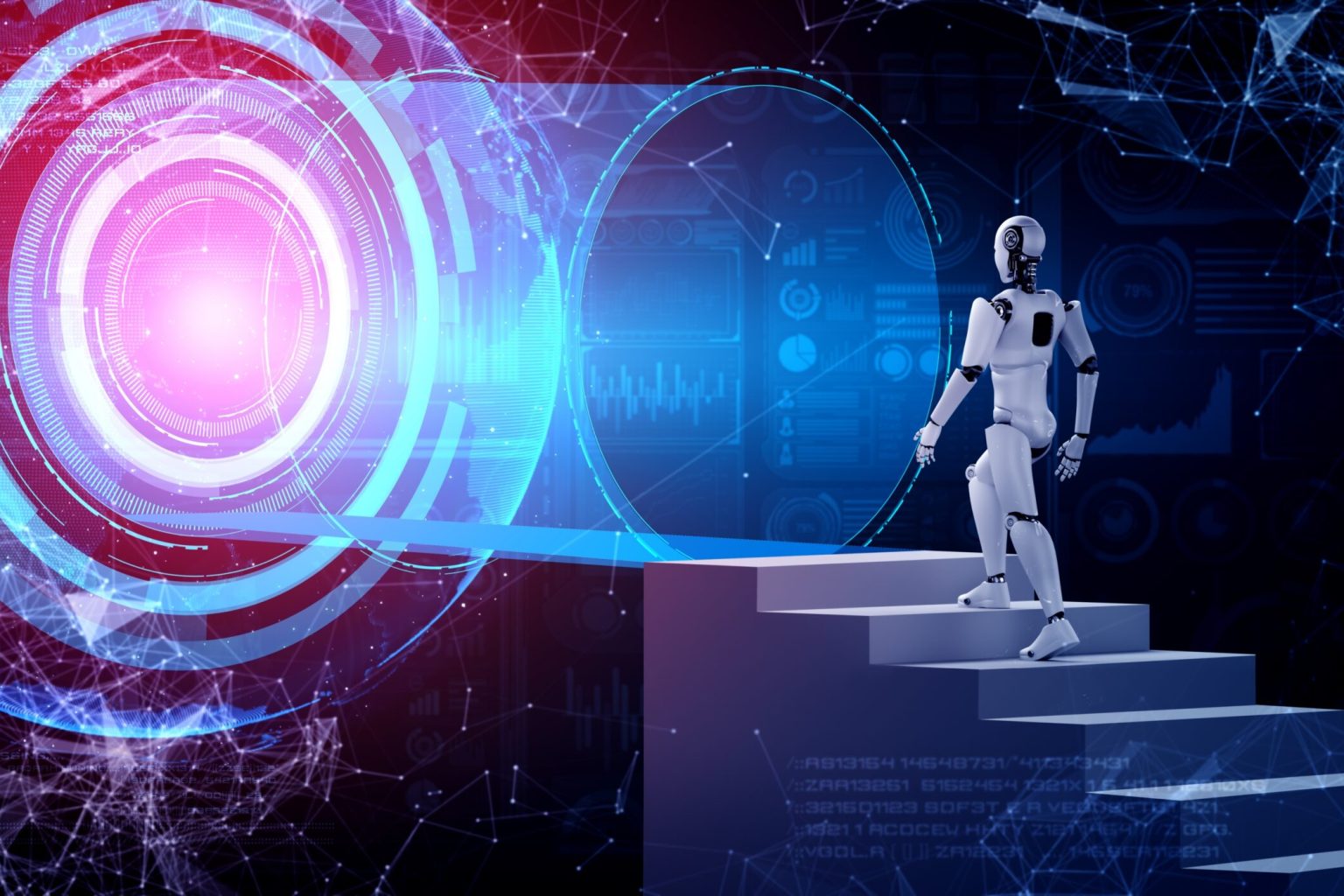 3D rendering robot humanoid walk up stair to success