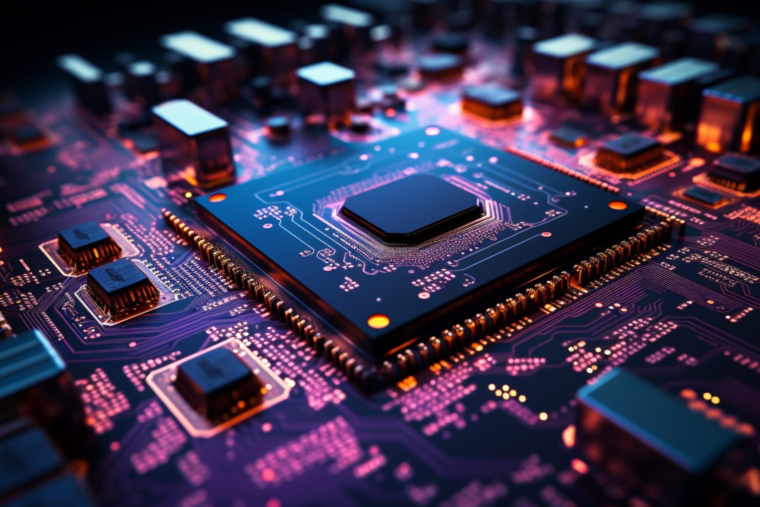 computer chip connects electrical components powering global communications industry generated by artificial intelligence