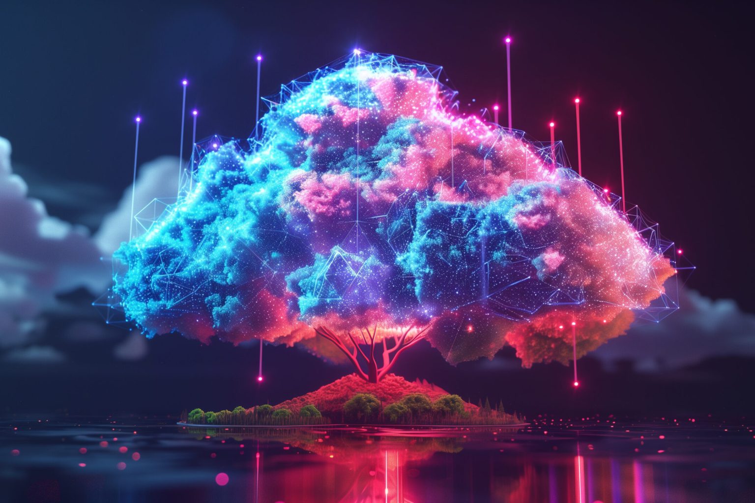 3D render of a large cloud with glowing connections on a black background, a floating island with trees and mountains in the style of neon light, in a low poly style --ar 16:9 Job ID: d05a22fa-00d5-4e78-9de6-881c60f3eeb8