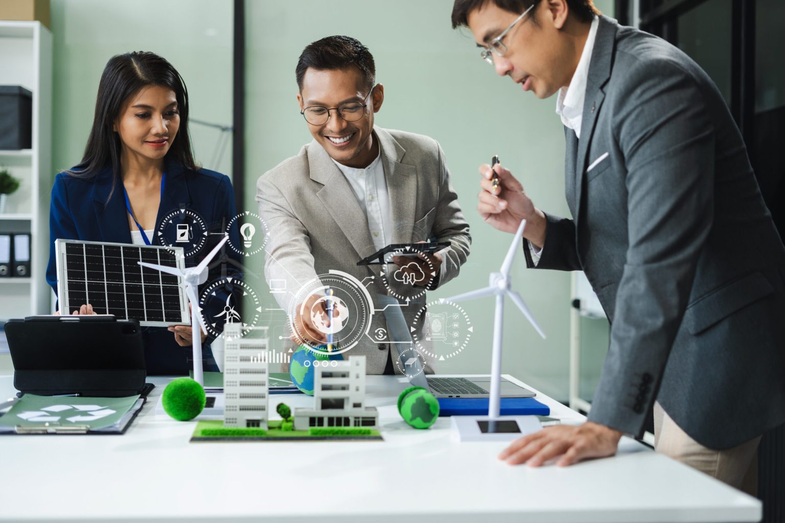 Engineer Teamwork Meeting, with partner on model building at company office working technology, Renewable energy-based green businesses and global warming.