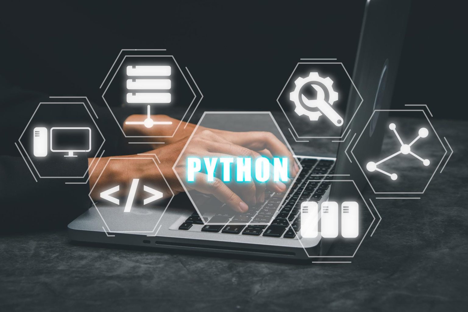 python-programming-languageman-using-laptop-computer-with-python-programming-icon-virtual-screen-application-web-development-concept
