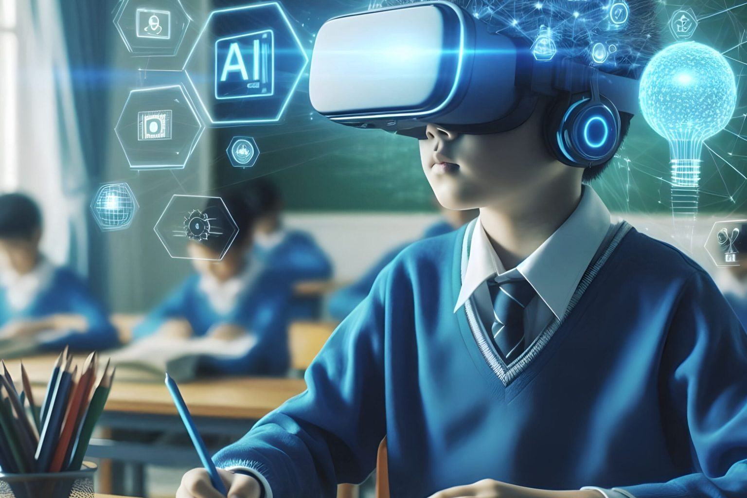 School student with VR headset using AI artificial intelligence technology & machine learning.Interactive technology in classroom. Innovation & smart tech. AI blue hologram in education