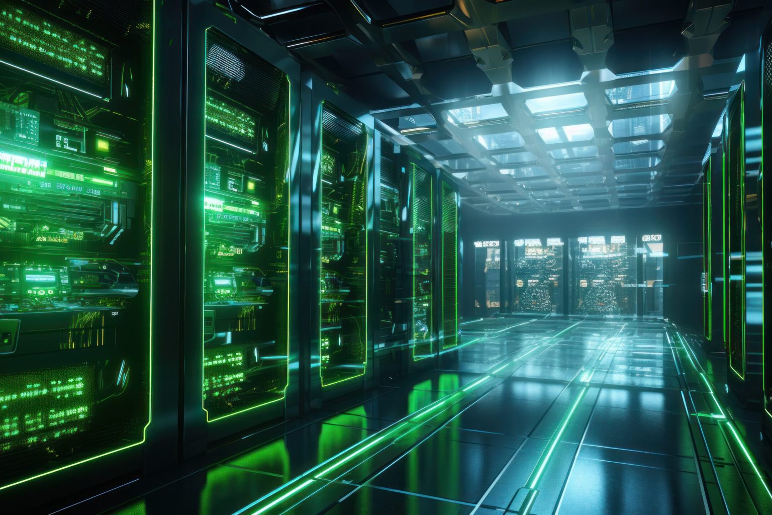 A server room with green lights indicating energy-efficient operations.