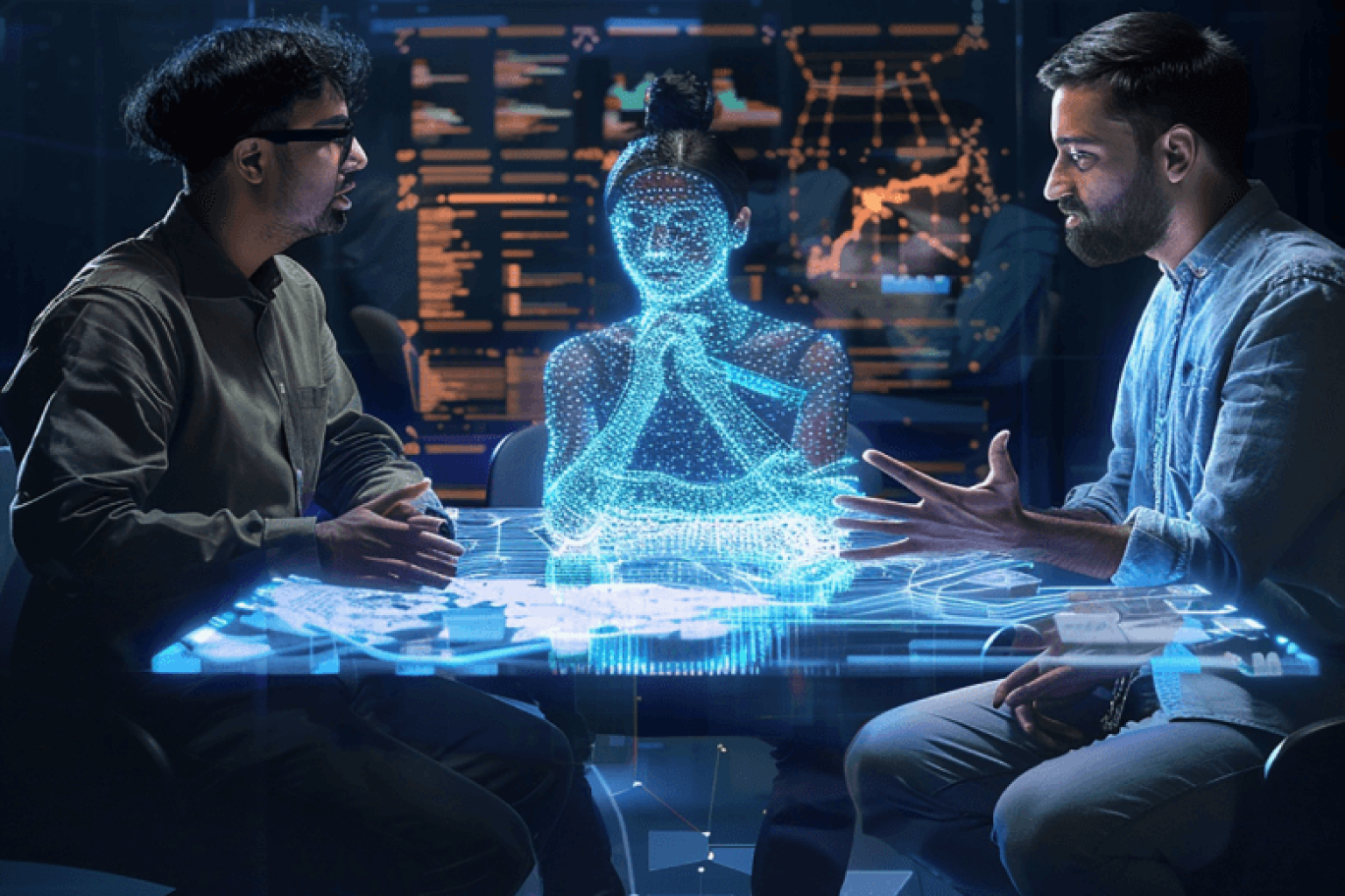 two-men-sit-table-with-man-dark-room-with-man-blue-shirt 1